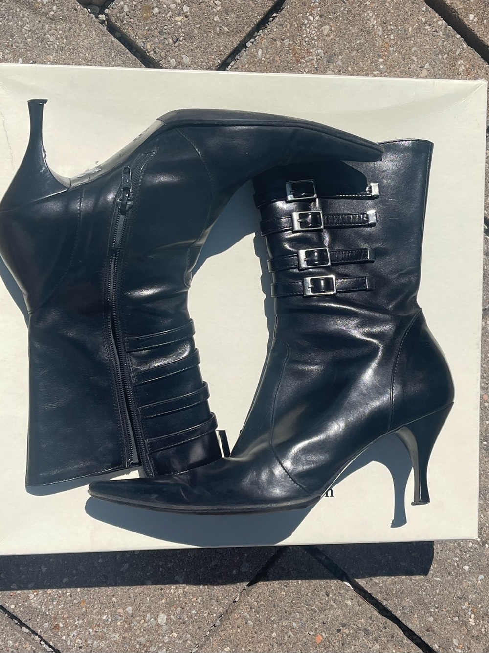 Classic Y2K Black Leather Pointed Calf Heeled Boots with Buckle Detail